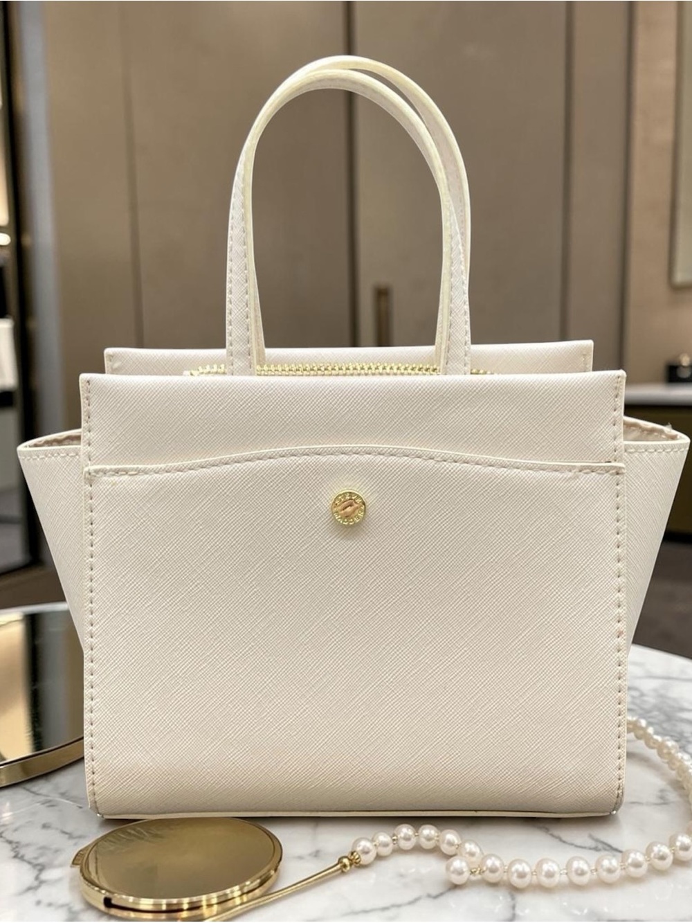 Steve Madden Ivory Mini Satchel Crossbody Bag Cream Saffiano Faux Leather